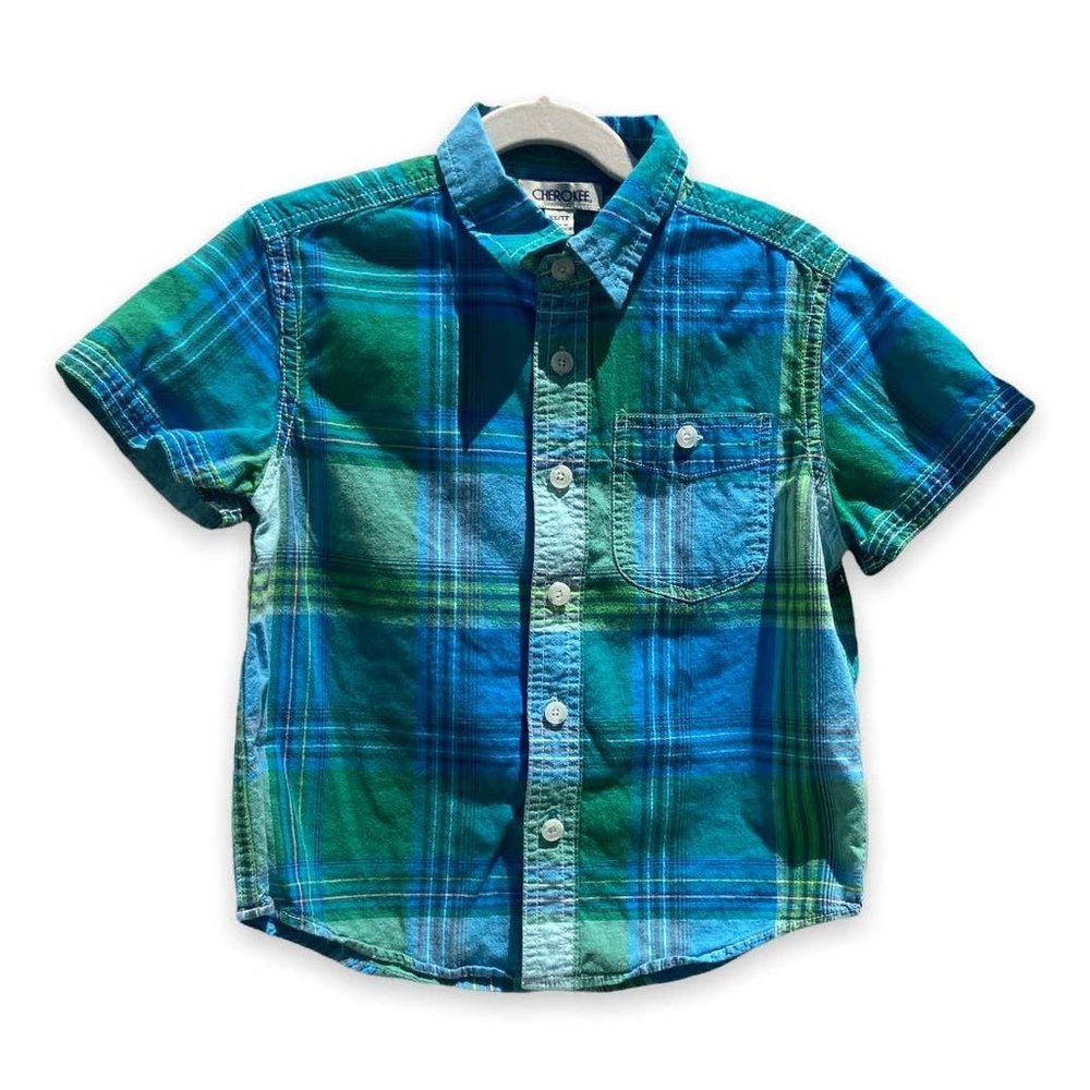 Cherokee Blue Green Plaid Short Sleeved Woven Button Up Shirt XS